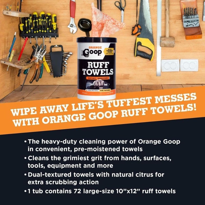 Goop Orange Heavy Duty Ruff Towels with Scrubbing Power, 10” x 12” Dual Textured Multi-Purpose Cleaning Wipes, Removes Dirt, Grease, Oil, 72 Count - Image 1